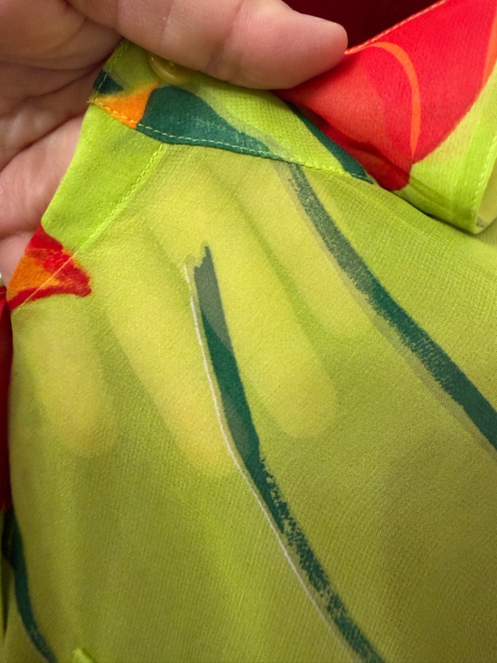 Vintage Caché 100% Silk Blouse M Lime Green Orange Poppy Floral Sheer Y2K 90s - Picture 4 of 8